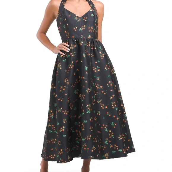 SHOSHANNA’s Midnight Georgia Elegant Midnight Floral Halter Dress